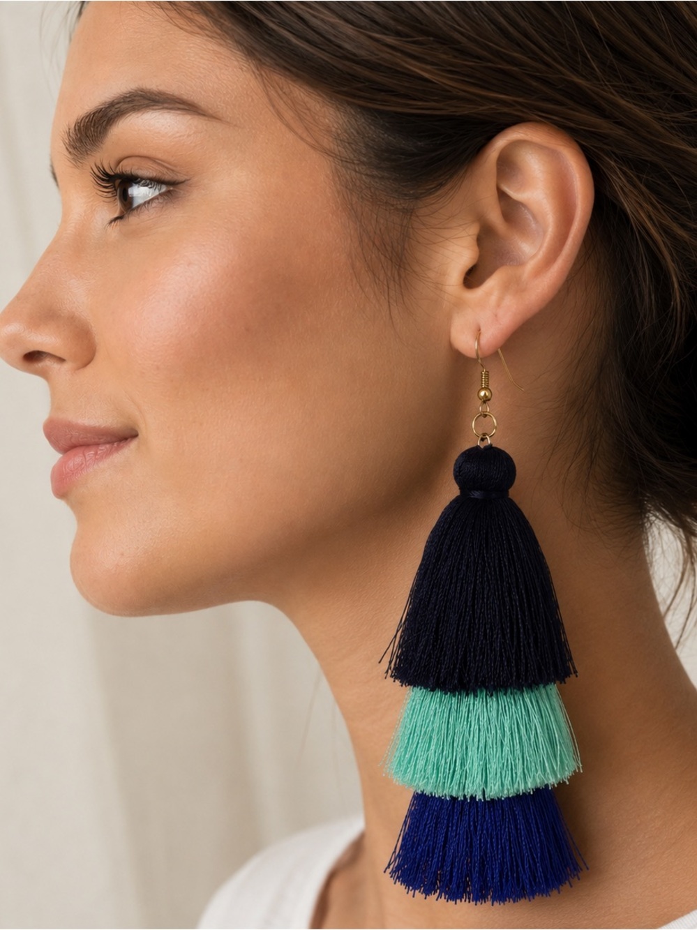 NWOT Long Color Block Tassel Statement Earrings – Navy, Mint & Royal Blue